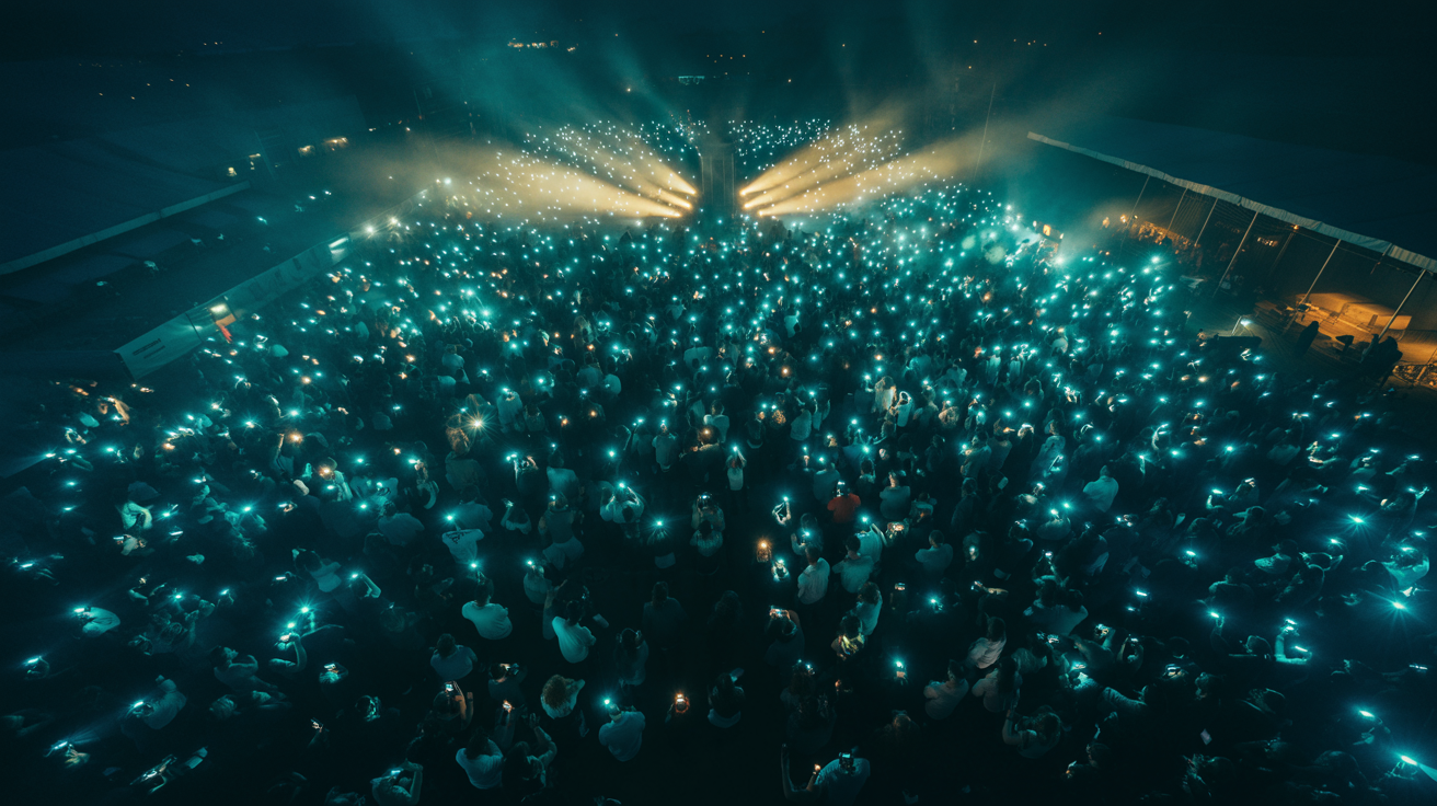 Global entertainment network visualization with illuminated concert venues connected across a world map